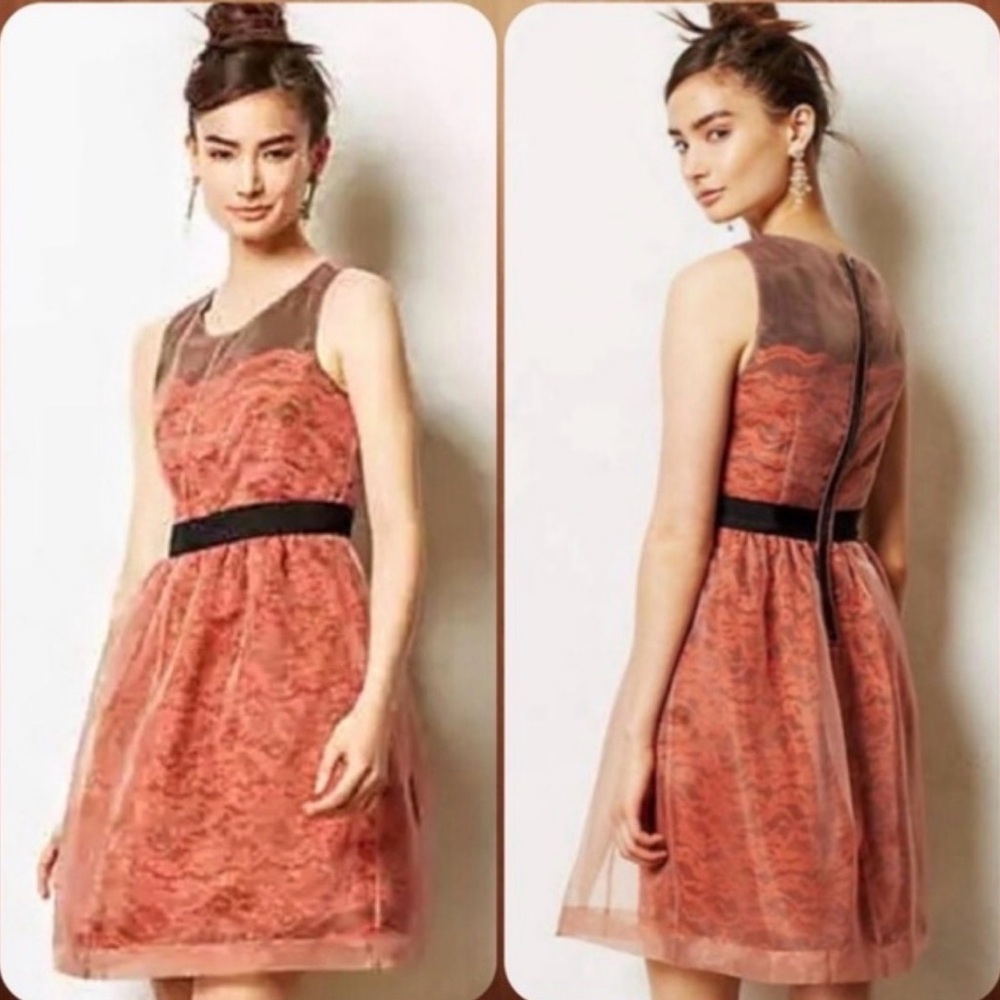 Anthropologie Lili Wang For Lili’s Closet Burnt Orange & Black Dress Size 6